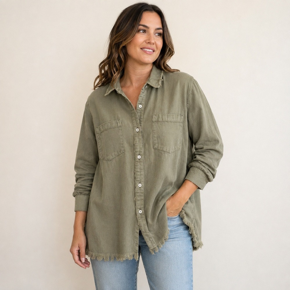 Lucky Brand Olive Green Distressed Frayed Hem Cotton Button Down Shirt Large